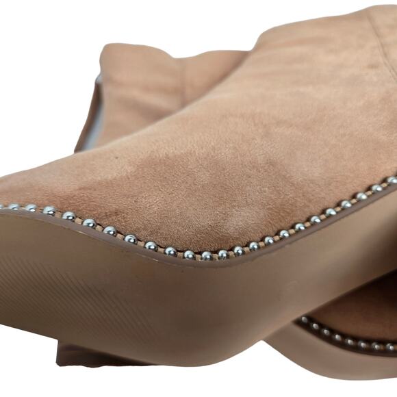 LAICIGO Suede Pointed Toe Ankle Boot Chunky Stacked Heel Back Zipper Sz 11 Beige - Picture 5 of 7